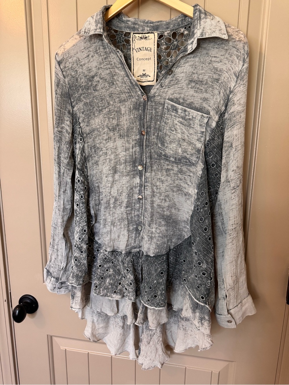 Vintage Concept Washed Button-Front Eyelet Ruffle Top
